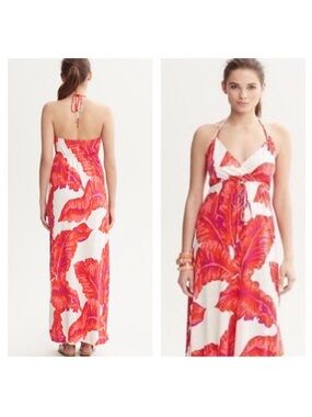 Banana Republic Milly Collection Halter Floral Red-white Silk and Viscose Dress.